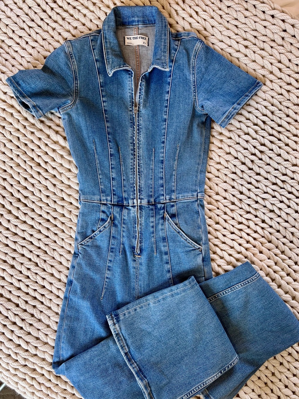 We The Free Blue Denim Short-Sleeve One-Piece Jumper